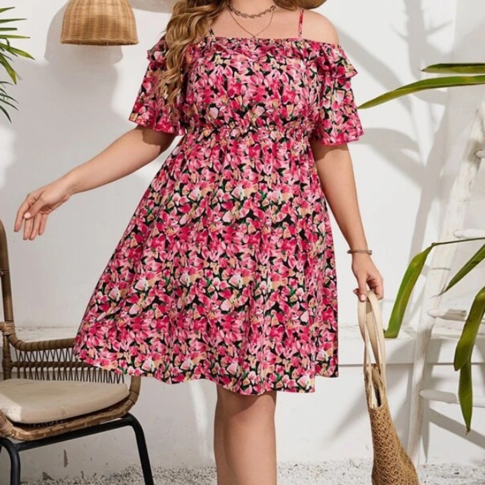 SHEIN Frenchy Plus Allover Floral Print Off Shoulder Ruffle Trim Dress